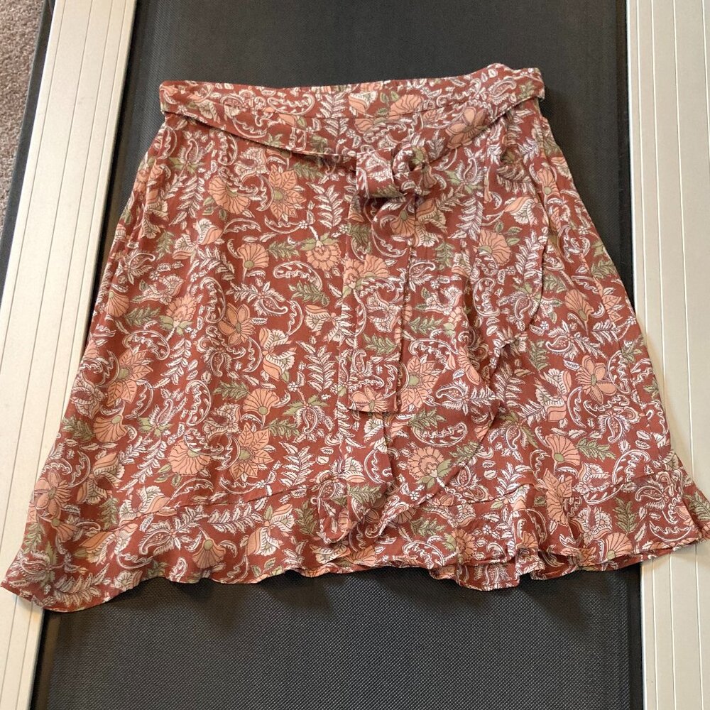 Anthropologie Luca Mini Faux Wrap Skirt w/ Tie Brown Floral Print Size M - Picture 2 of 15